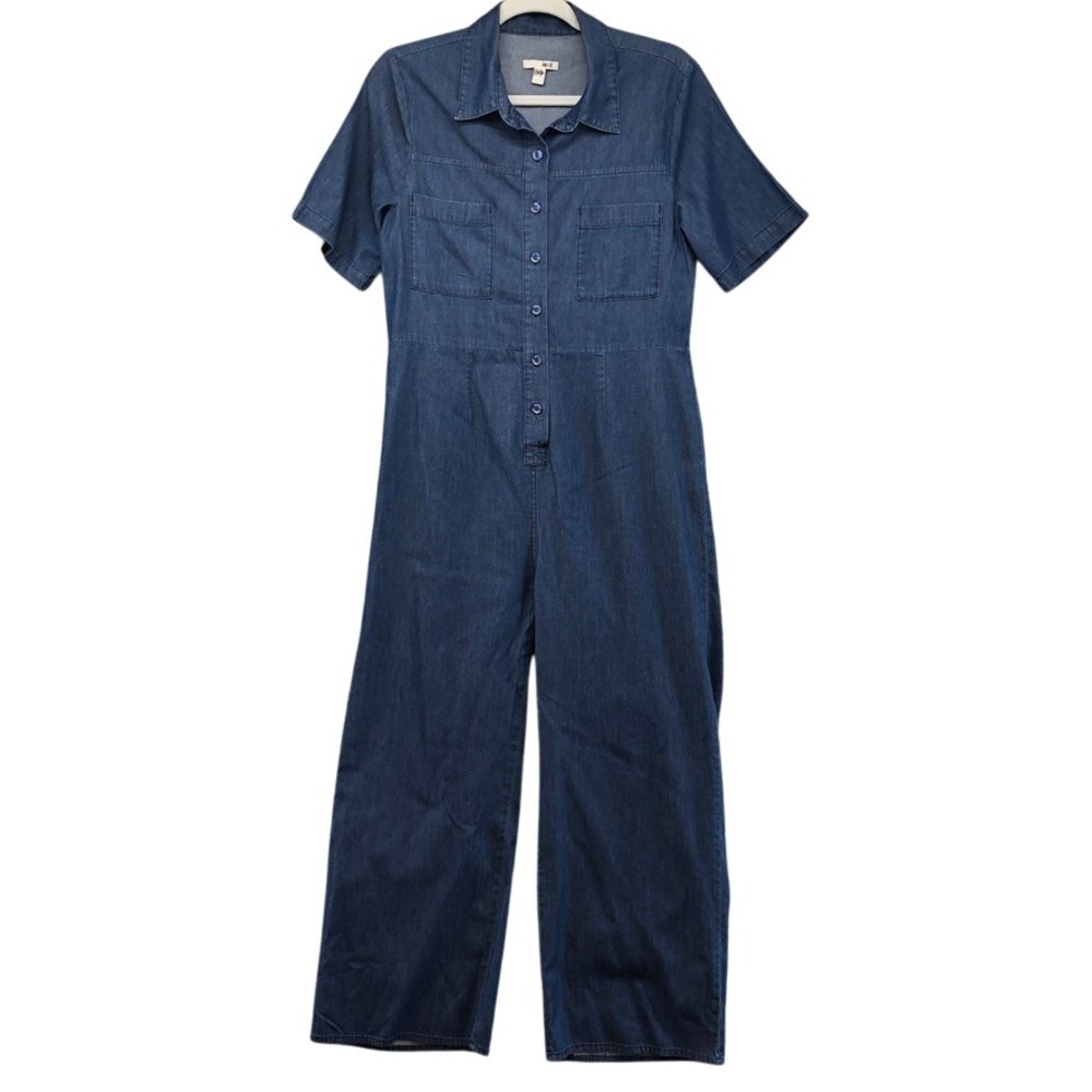 Amuse Society Jumpsuit Womens Medium Blue Denim Short Sleeve Wide Leg Utility